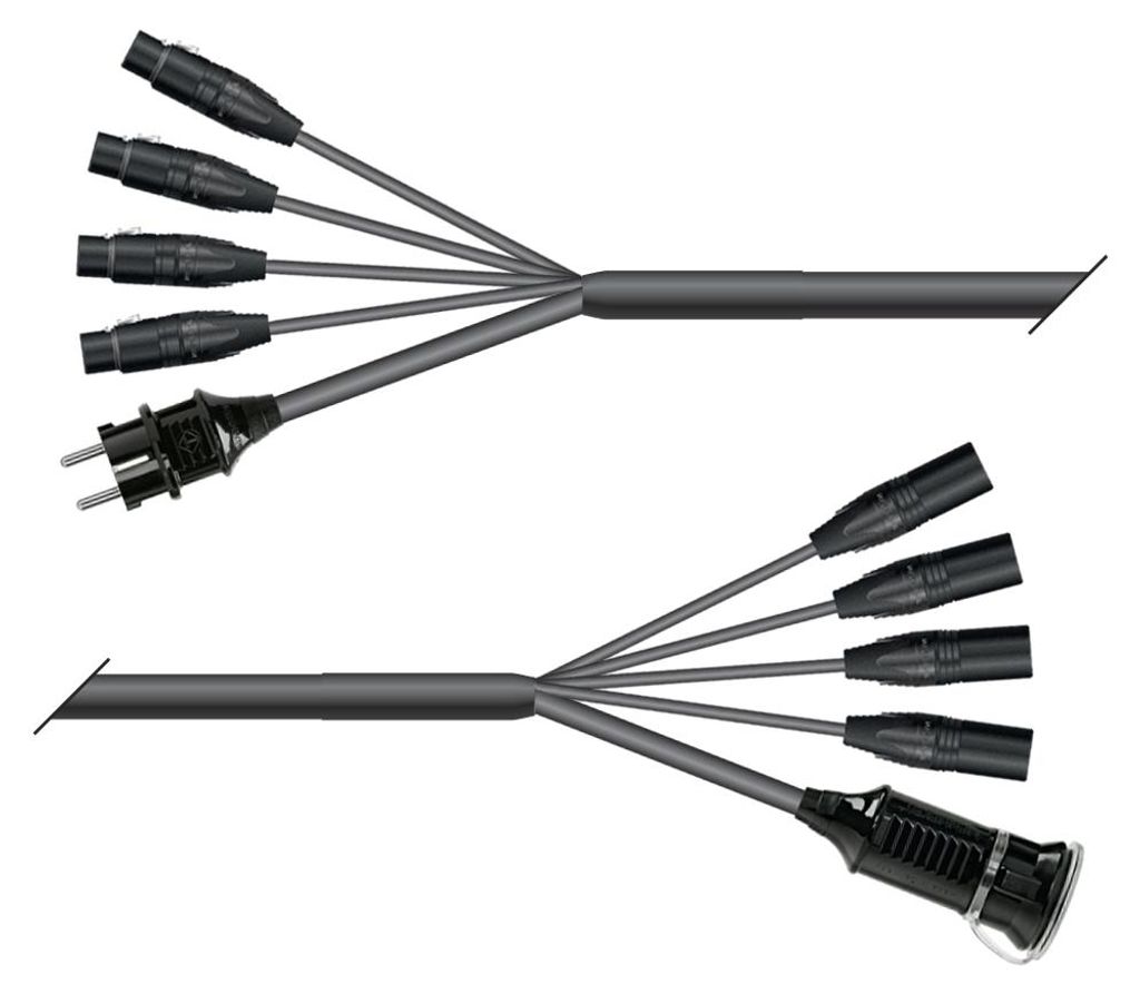 AES / EBU, DMX & Power Looms | 4x XLR 5-pol female NEUTRIK | Schuko-Stecker | 4x XLR 5-pol male NEUTRIK | Schuko-Buchse | Monolith 2,5mm² | 10,00m