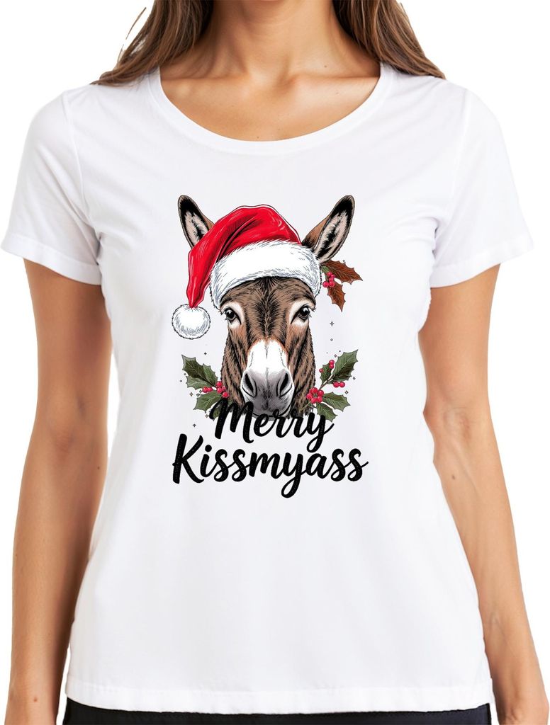 Merry Kissmyass lustiger Esel Weihnachtsesel Weihnachtsmütze Damen T-Shirt, Weiß, S