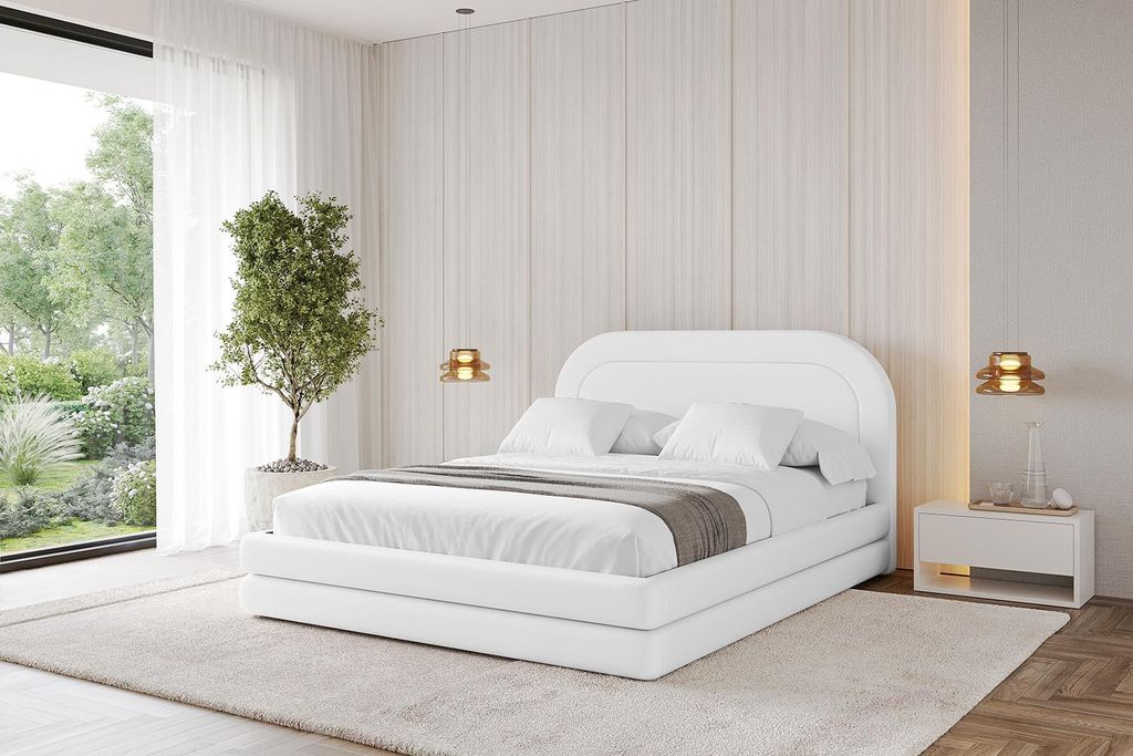 ALTDECOR Polsterbett mit Bettkasten - LERIS 200x200 Weiß Kunstleder- Bett mit Kopfteil, Boxbett ohne Matratze, Doppelbett mit Stauraum