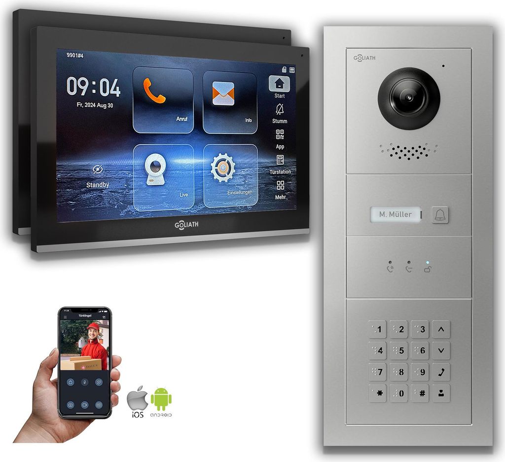 Goliath IP Video Türsprechanlage mit Kamera 10-Zoll Zahlencode Anzeige Silber : 10 Zoll in Schwarz : Aufputzdose : 2 Monitore Anzahl: 2 Monitore F...