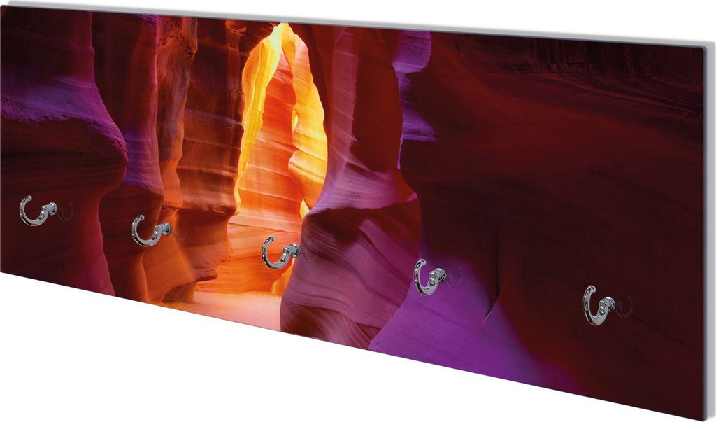 Wallario Flurgarderobe Wandgarderobe aus Glas, mit 5 Haken, Größe 80 x 30 cm, Motiv Felsschlucht in Arizona USA - orange und violett