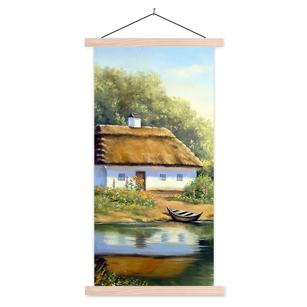 MuchoWow Textilposter Malerei - Haus - Natur - Wasser - Ölfarbe 60x120 cm mit holzfarbenen Rahmen - Holz