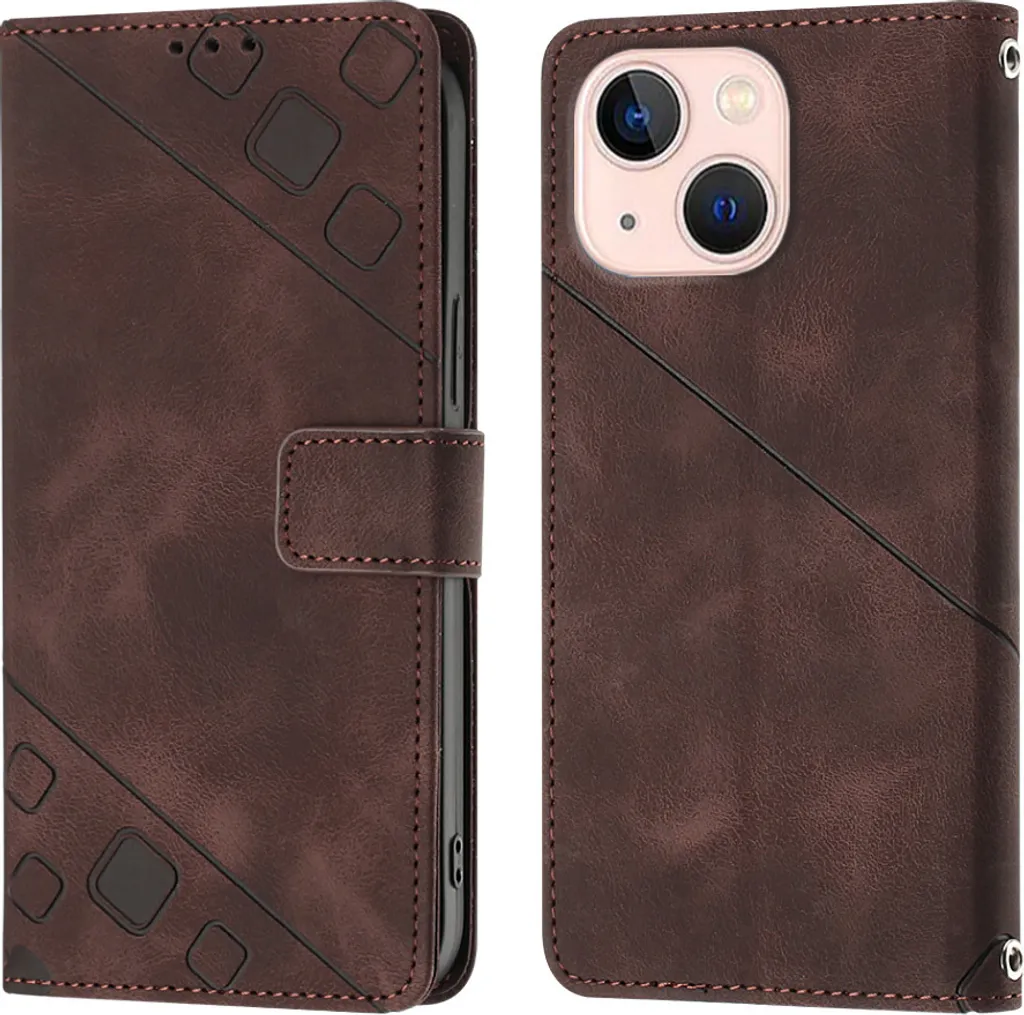 Custodia per iPhone 13 in rilievo Custodia a portafoglio in pelle flip con funzione stand Marrone