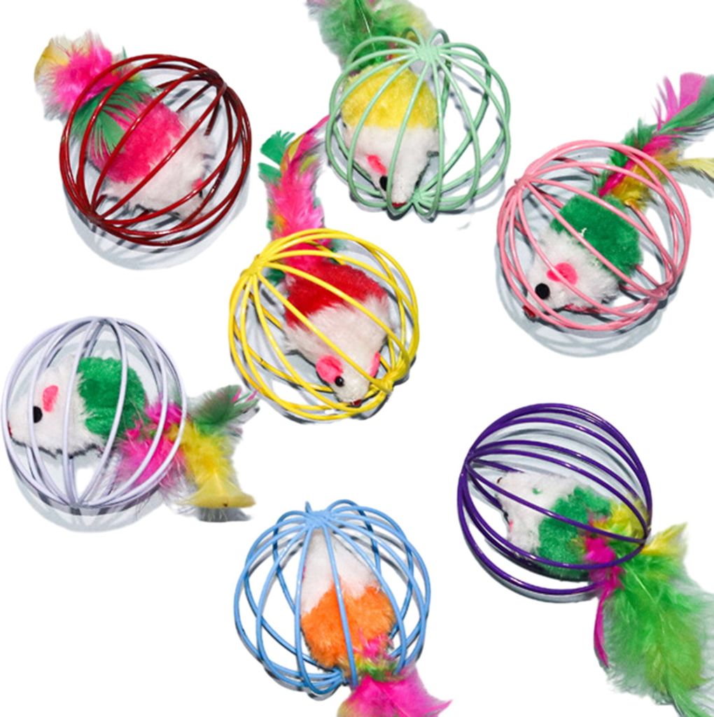 Interaktives Katzenspielzeug, weiche Plüschmaus mit Schutzkäfig, leuchtende Farben, lindert Langeweile, bissfestes Katzenspielzeug