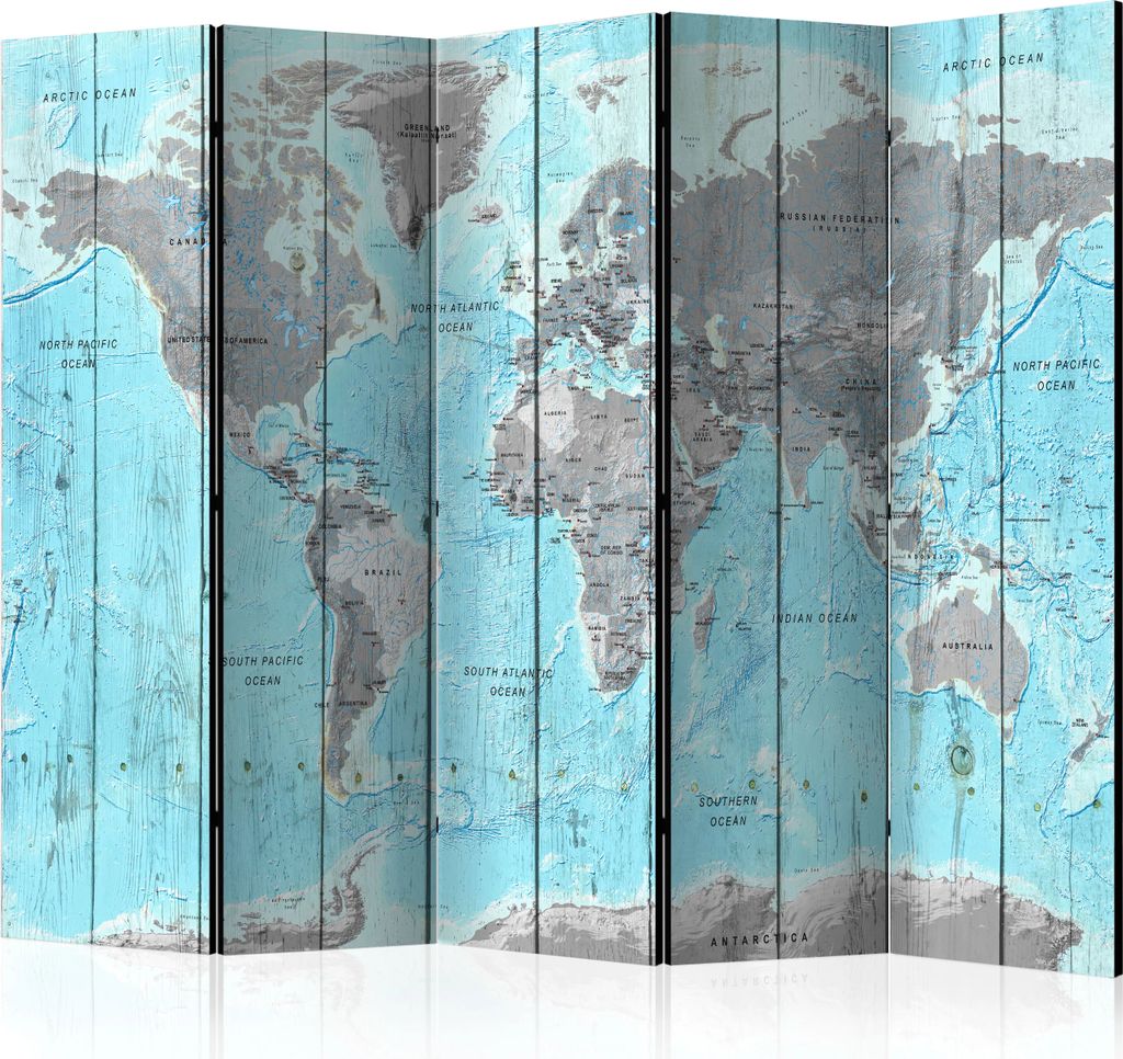 5-teiliger Doppelseitiger Vlies Paravent - Wooden Travels 225x172 cm Karten k-A-0110-z-c