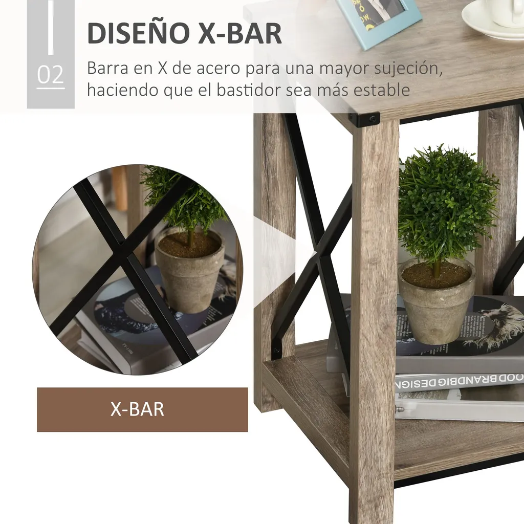 Table d'appoint industrielle marron rétro avec étagère de rangement