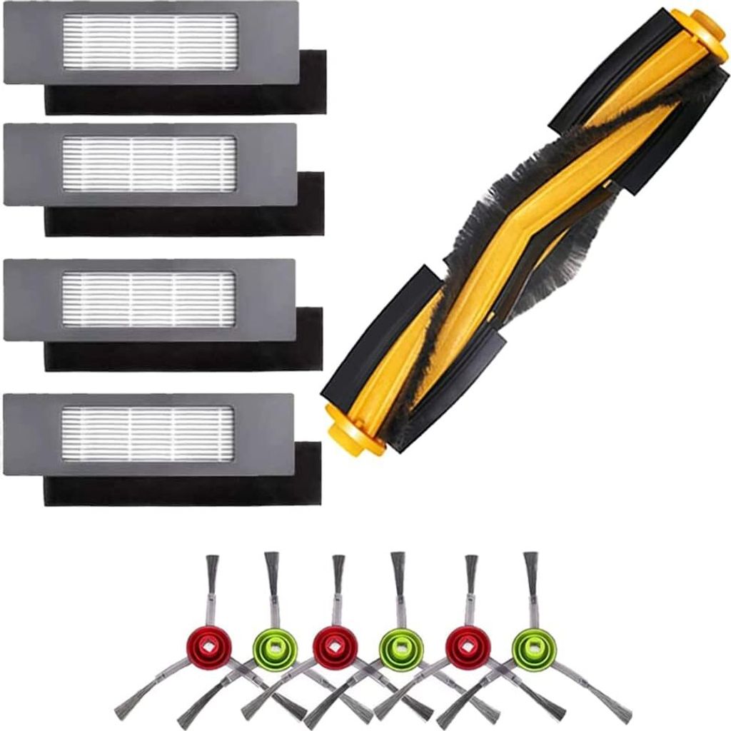 A collage of vacuum cleaner accessories, including filters, a main brush, and side brushes.