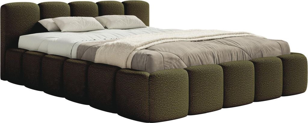 Selsey Cloudy Low - Polsterbett 140x200 mit Bettkasten und Metallrahmen-Lattenrost, olivgrün Bouclé