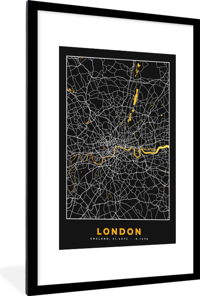 MuchoWow Gerahmtes Poster London - Stadtplan - Gold - Karte 60x90 cm - Poster mit Schwarzem Bilderrahmen Wandposter Rahmen Foto Bilder - Dekorati...