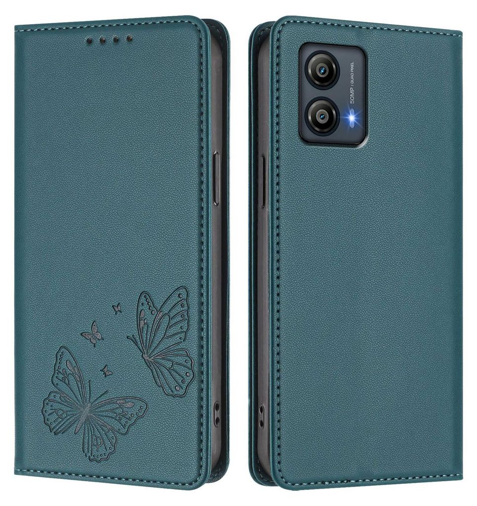 Lederhülle für Motorola Moto G53, Schmetterling Prägung Leder Brieftasche Schutzhülle mit Ständer Grün