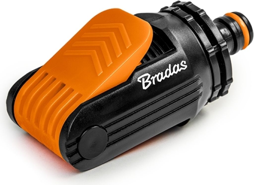 A close-up studio shot of a black and orange hose connector with the brand name 'Bradas' visible.