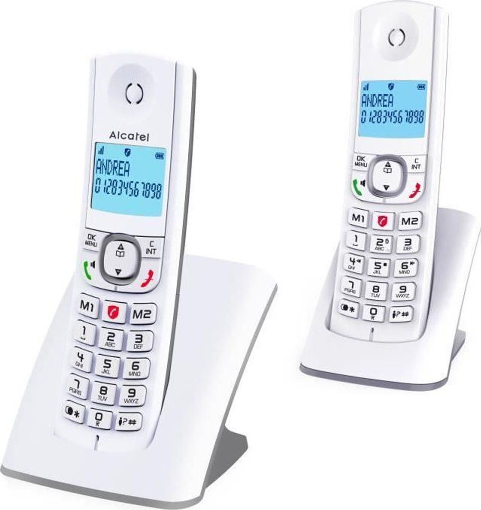 Schnurloses Telefon Alcatel F530 Duo, 2 Mobilteile, Anrufblockierung, Freisprecheinrichtung, 2 Direktwahlspeicher, Weiß/Grau