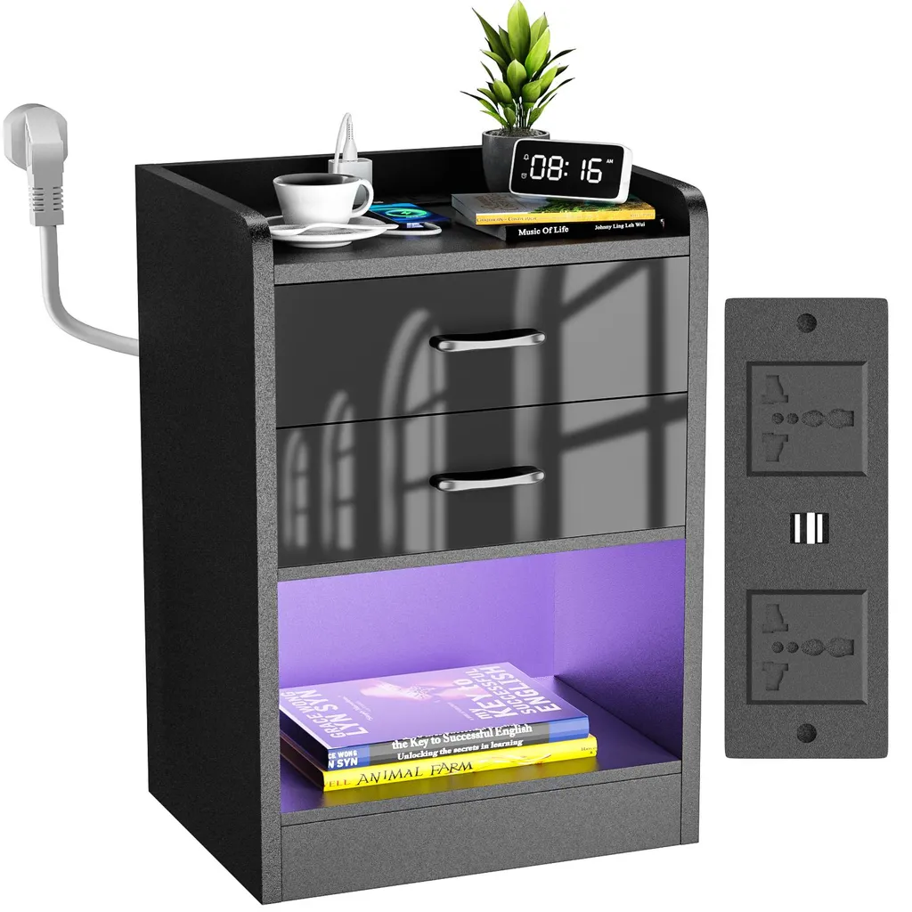Table de chevet 2 tiroirs avec prises intégrées et bandeau LED de 1m