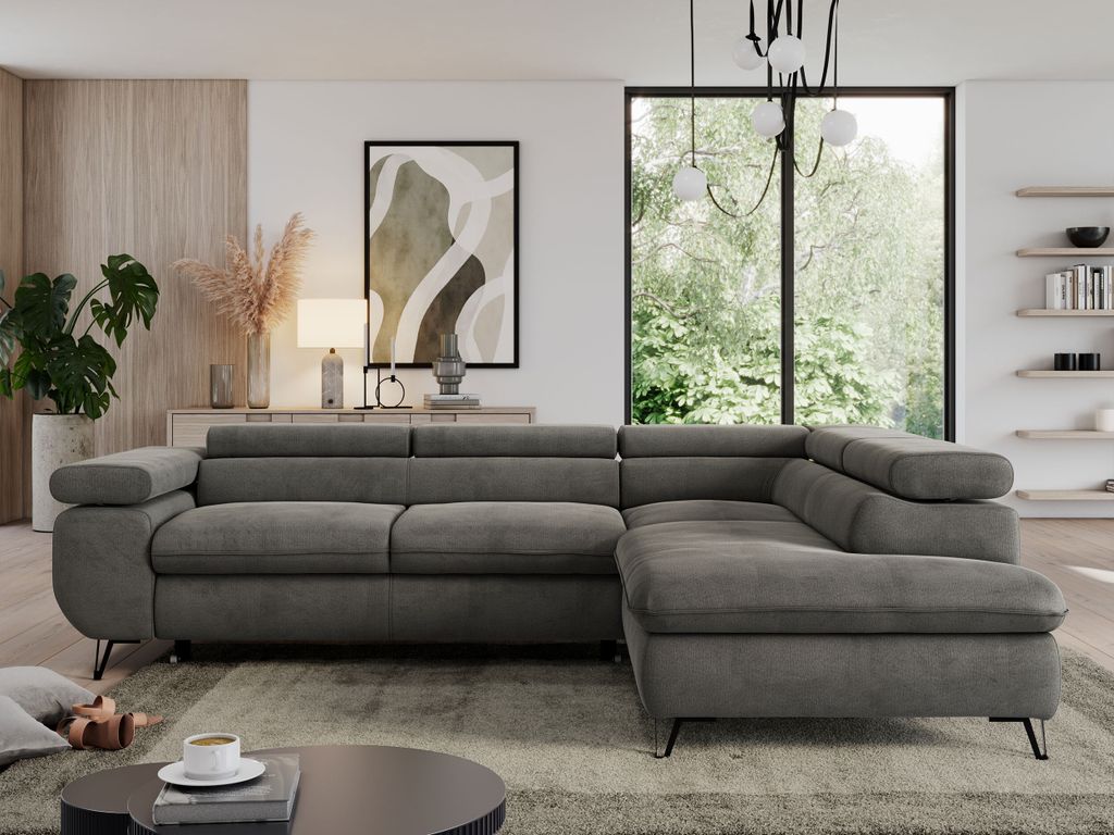 Ecksofa mit Bettkasten, Einstellbare Kopfstützen, Schlaffunktion, Eckcouch L-form - PEDRO L - Velvet - Dunkelgrau - Rechts