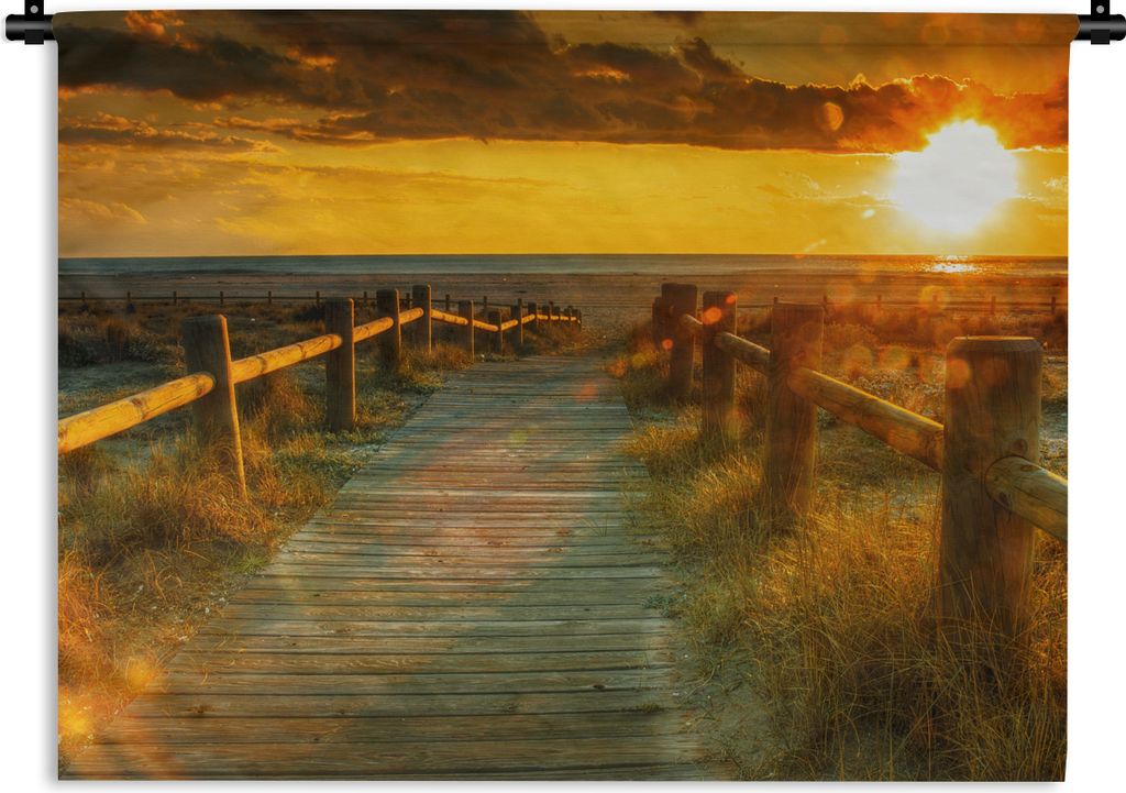 MuchoWow Wandteppich Wandbehang Sonne - Strand - Düne - Horizont - Gras - Weg - Orange 90x67.5 cm Tapisserie Dekoration Wandtuch - Fototeppich -...