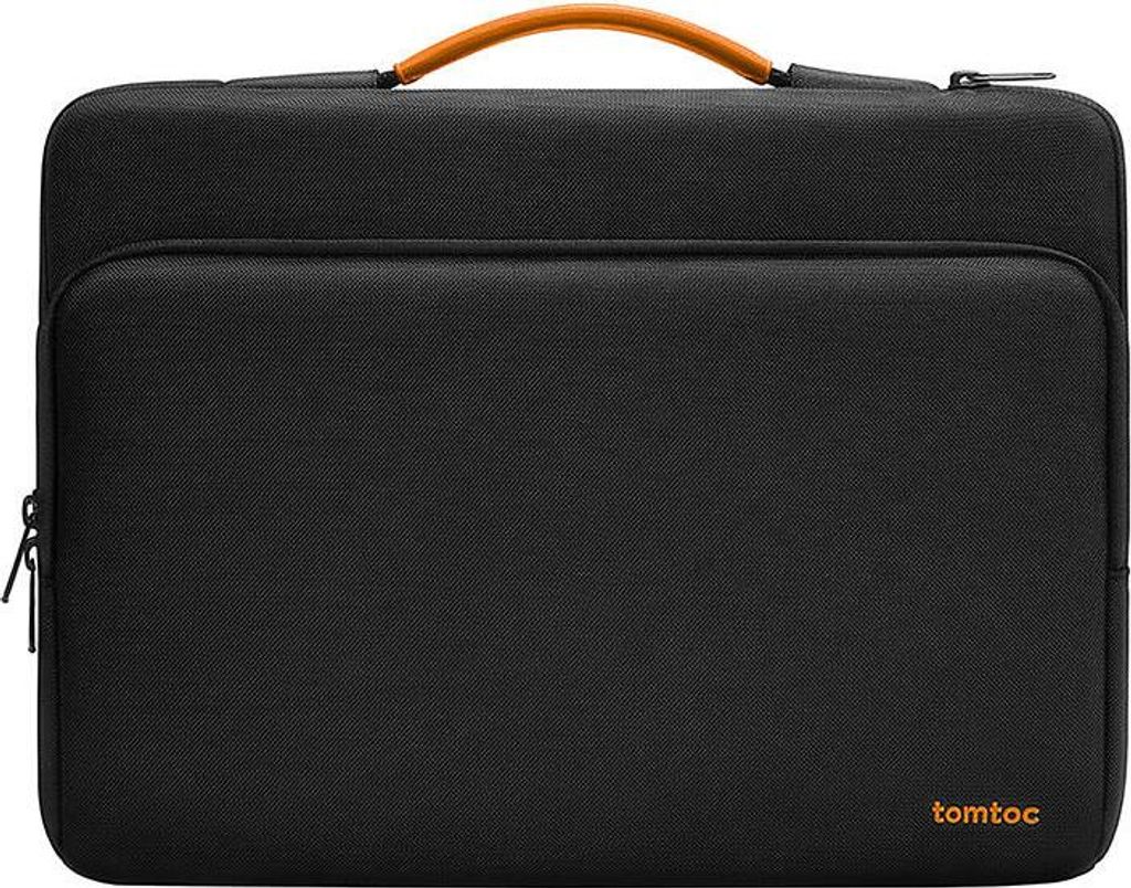 A black laptop bag with an orange handle is shown against a white background.