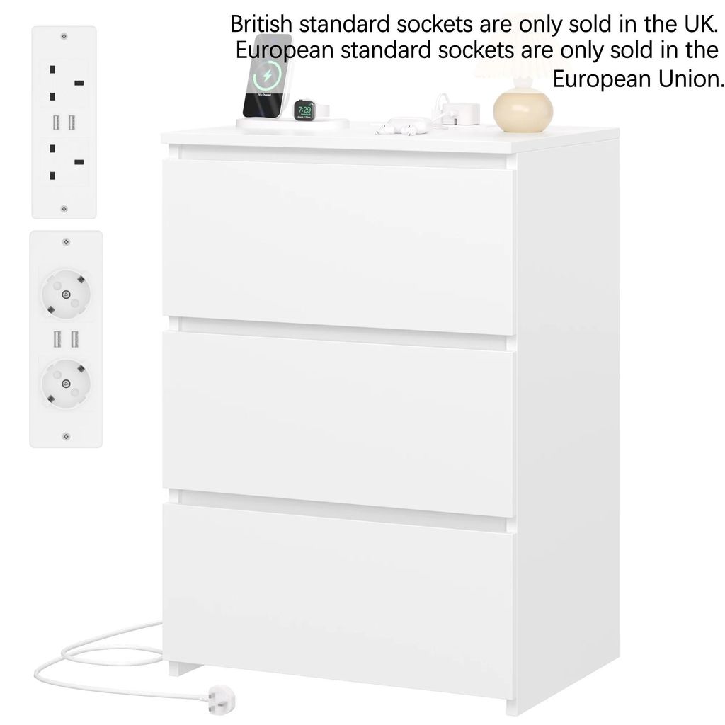 Nachttisch mit Ladestation - Beistelltisch Schlafzimmer - 3 Schubladen, 2 Steckdosen, 2 USB-Ports, Holzgestell, minimalistisch modern - Weiß