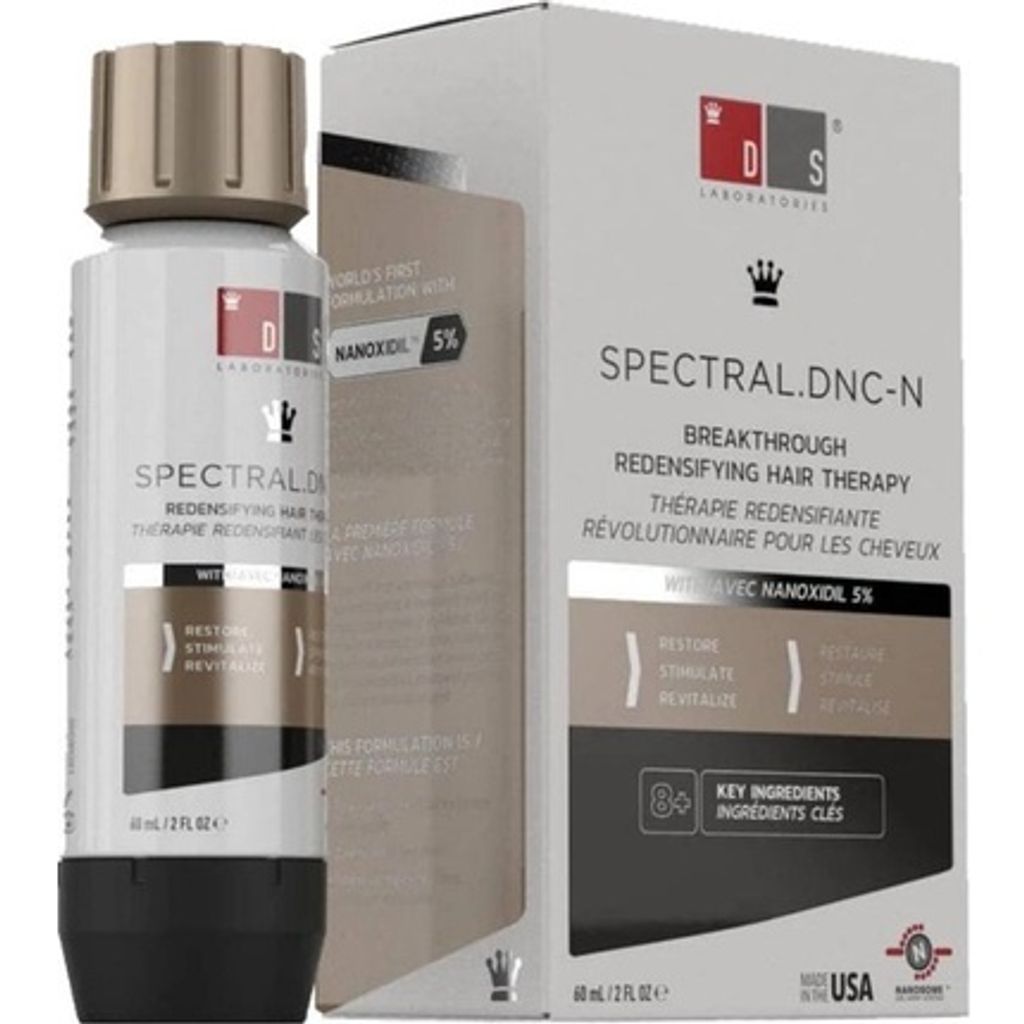 A product shot of a hair loss treatment bottle and its packaging.