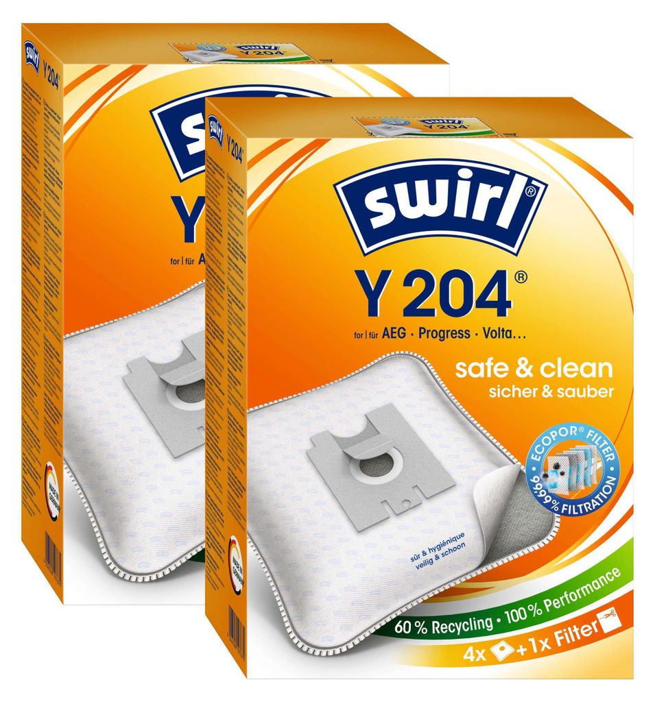 Two boxes of Swirl Y 204 vacuum cleaner bags on a white background.
