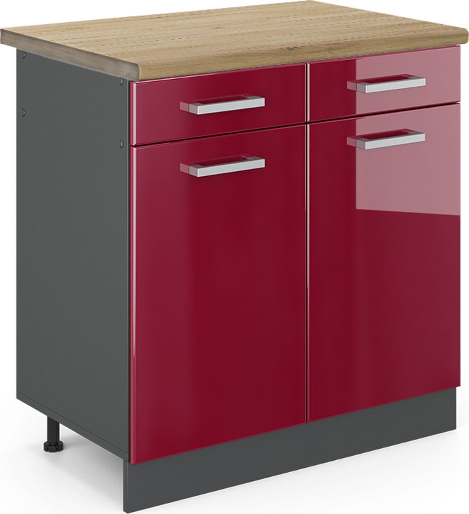 Küchenunterschrank Vicco R-Line Rot Hochglanz 80 cm , AP Eiche, Model 45941