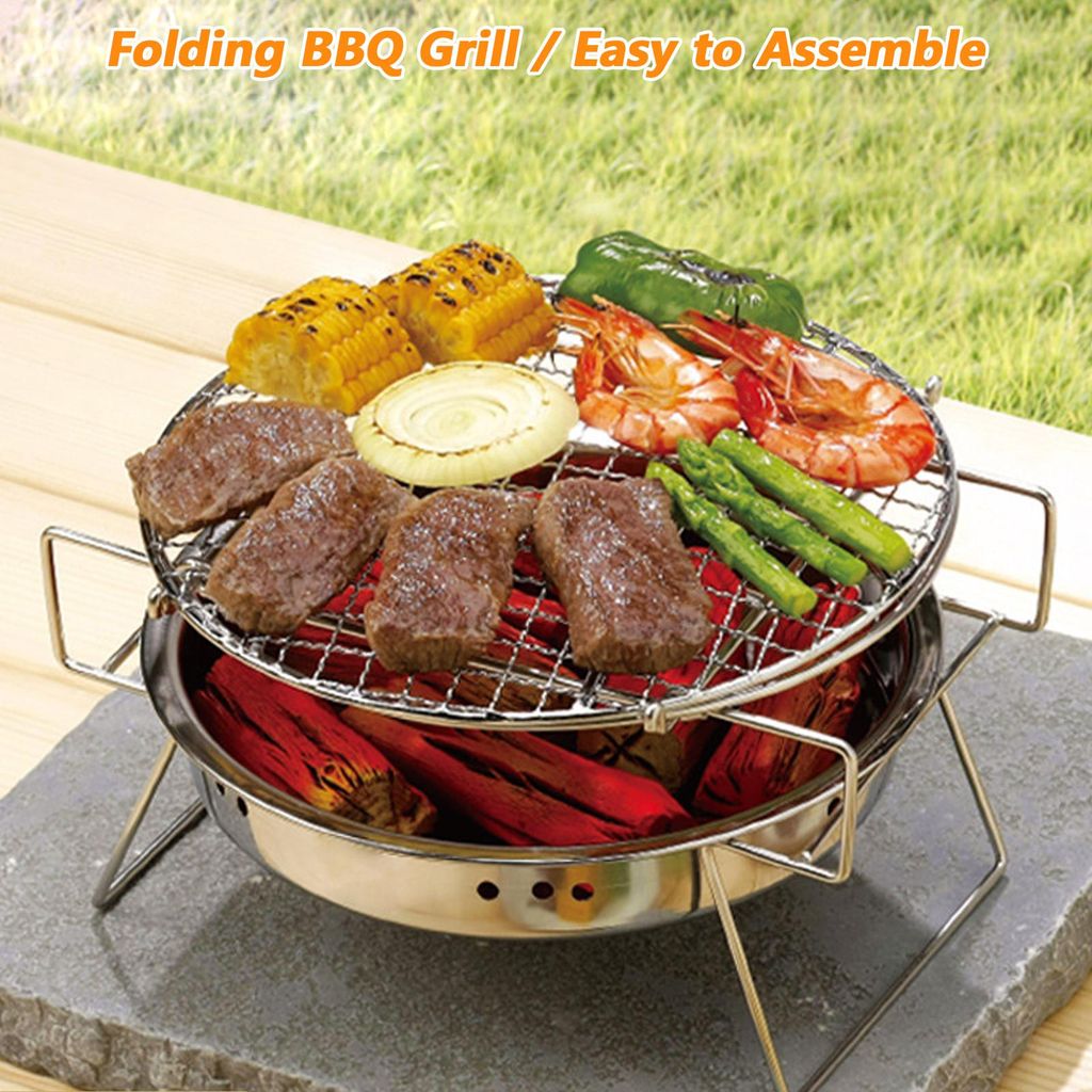 Tragbare runde Grillgeräte – Klappbarer Edelstahlgrill für den Außenbereich, Camping, Picknick und Kochen – Groß, 30 × 19,5 cm