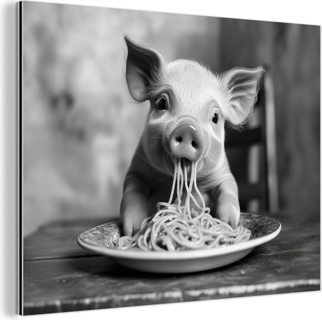 MuchoWow Wanddekoration Metall Metallbild Wandkunst 80x60 cm Schwein - Niedlich - Spaghetti - Schwarz und weiß - Tier MuchoWow Aluminium Gemälde ...