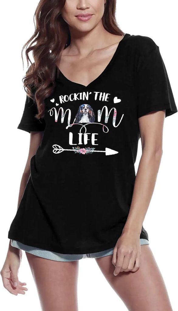 Damen Grafik T-Shirt V-Ausschnitt Das Leben einer Spaniel-Mutter rocken – Rockin' The Spaniel Mom Life – Öko-Verantwortlich Vintage Jahrgang K...