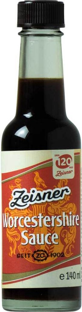 A bottle of Zeisner Worcestershire Sauce against a white background.