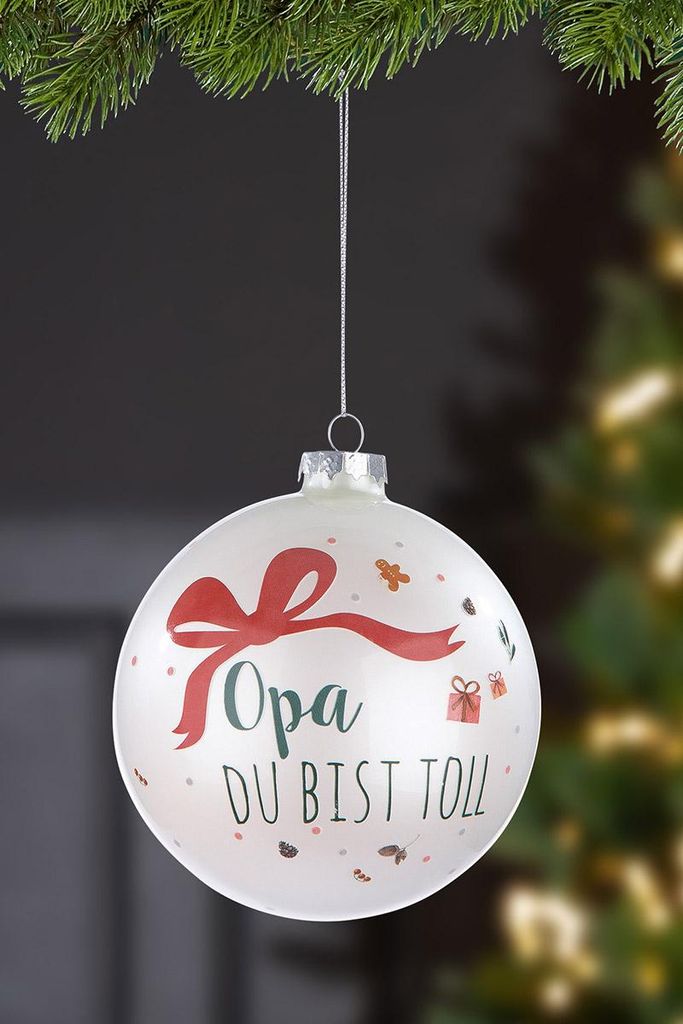 Weihnachtsbaumkugel Glas 10 cm Durchmesser grau glänzend mit rotem Spruch Opa du bist toll