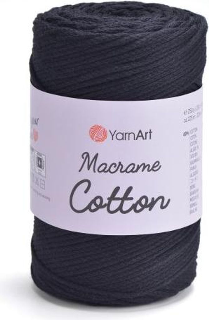 A roll of dark gray macrame cotton cord on a white background.