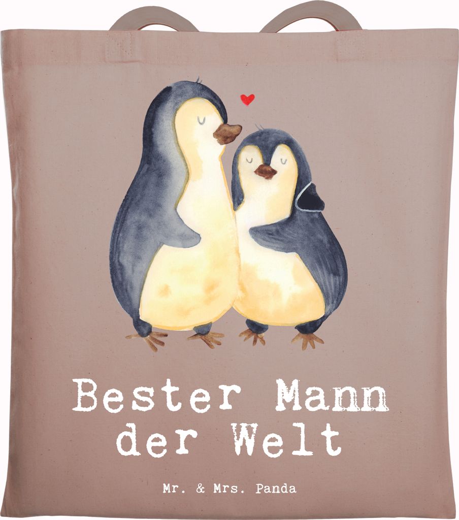 Mr. & Mrs. Panda Jutebeutel Pinguin Bester Mann der Welt - Braun Pastell - Geschenk, Ehe, Schultasche, Uni Tasche, Beste, Liebling, Tote Bag, Klein...