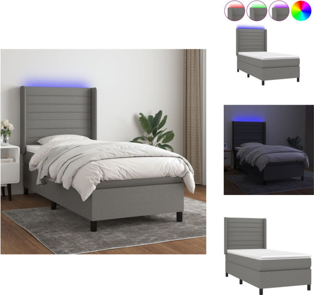 vidaXL Boxspringbett mit Matratze & LED Dunkelgrau 100x200 cm Stoff - Betten & Bettgestelle