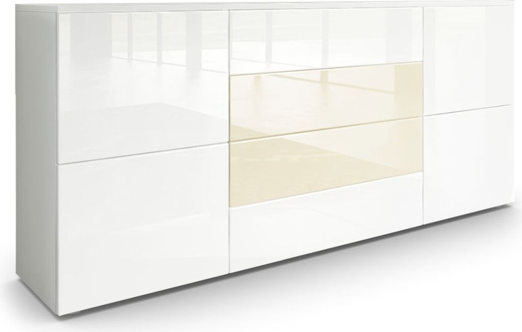 Vladon Sideboard Rova, Germany, Kommode mit 4 Türen und 4 Schubladen, Weiß matt/Weiß Hochglanz/Creme Hochglanz (166 x 72 x 35 cm)