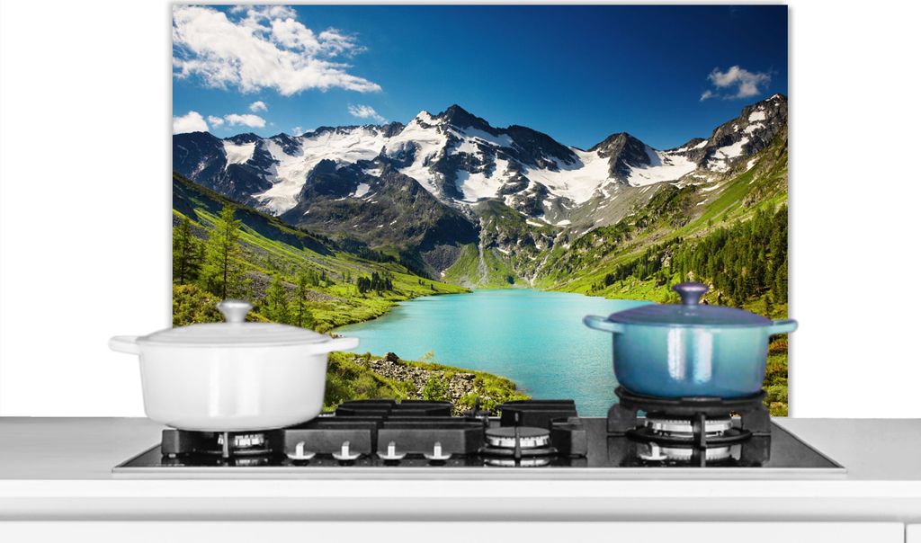 KitchenYeah Spritzschutz Küche - Küchenrückwand - Wandschutz für Herd und Spüle - Schnee - Berg - Wasser 90x60 - Alu-Dibond (Alternative zu...