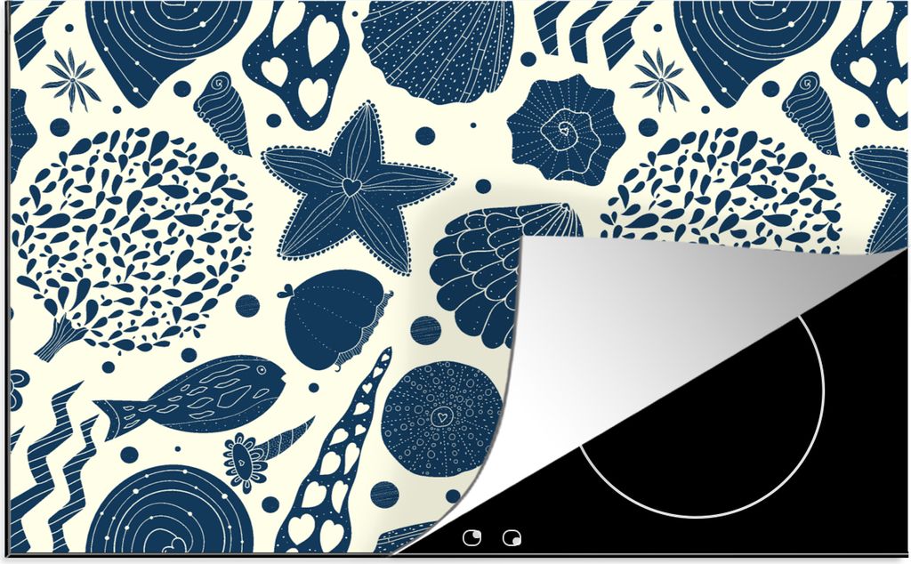 KitchenYeah Herdabdeckplatte Muscheln - Strand - Blau - Muster , 81x52cm, Küche Deko, Glaskeramikfeld Herdabdeckung, Abdeckplatte fùr Kochfeld
