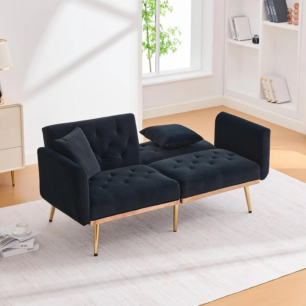 MODFU Canapé-Lit Convertible 2 Places en Velours Noir - 165x72,5x75 cm