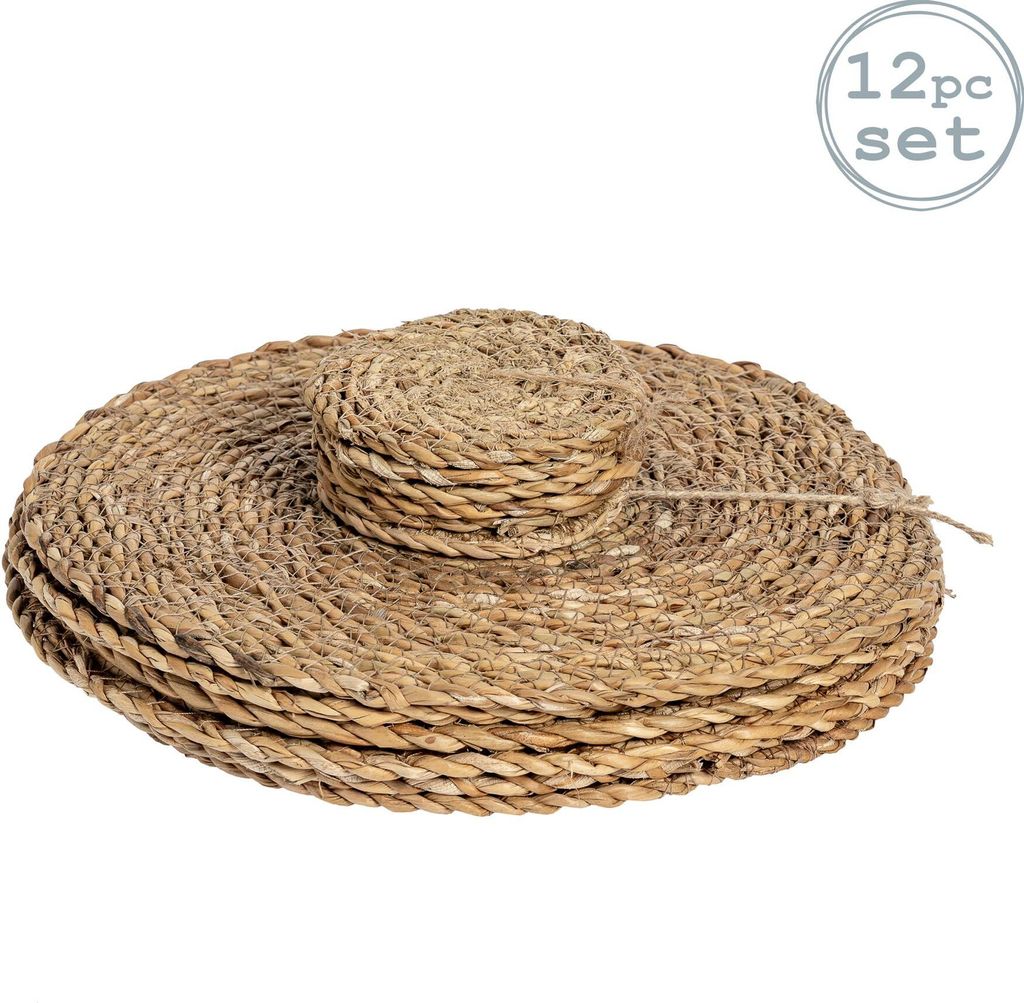 Argon Ta 12-teiliges rundes gewebtes Typha-Tischsets- und Untersetzer-Set