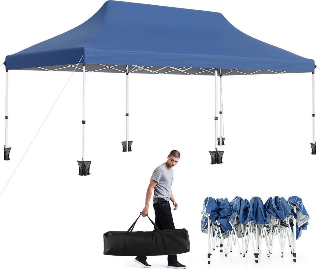 GOPLUS Pavillon 3x6m, Gartenpavillon wasserdicht, Faltpavillonmit Tragetasche, Pop Up Partyzelt Sonnenschutz für Outdoor Party, Blau