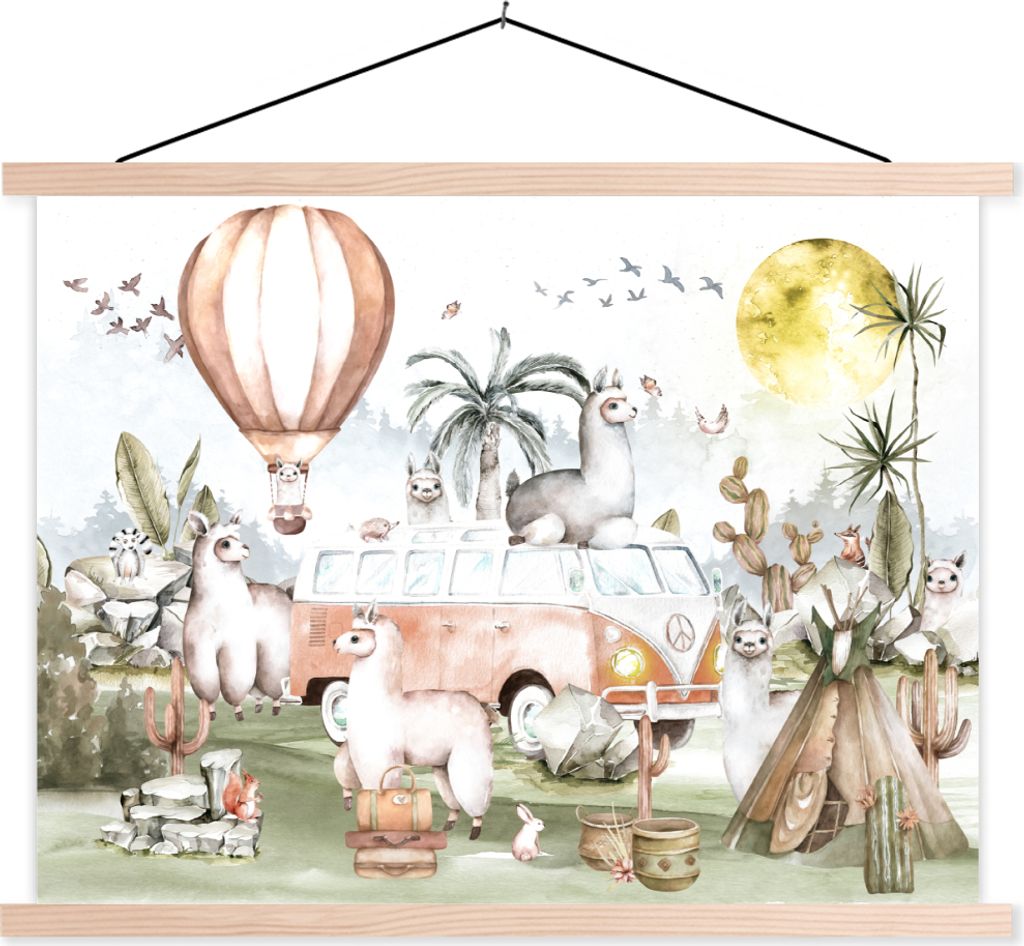 MuchoWow Textilposter Alpaka - Tiere - Kinder - Heißluftballon - Kinder 120x90 cm mit holzfarbenen Rahmen - Magnetisch
