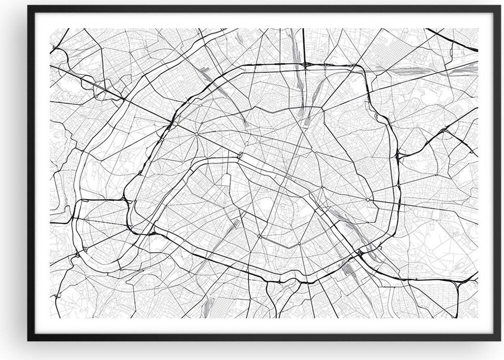 Gerahmtes Poster - Schwarzer Rahmen - Stadt Karte Paris - 100x70 cm - Wand Bild - Wanddeko - Wandbilder - Kunstposter - Wandposter - Bilderrahmen -...