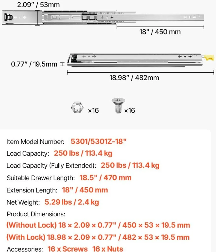 Guide de tiroir 450mm télescopique pour aménagement de placard sur mesure