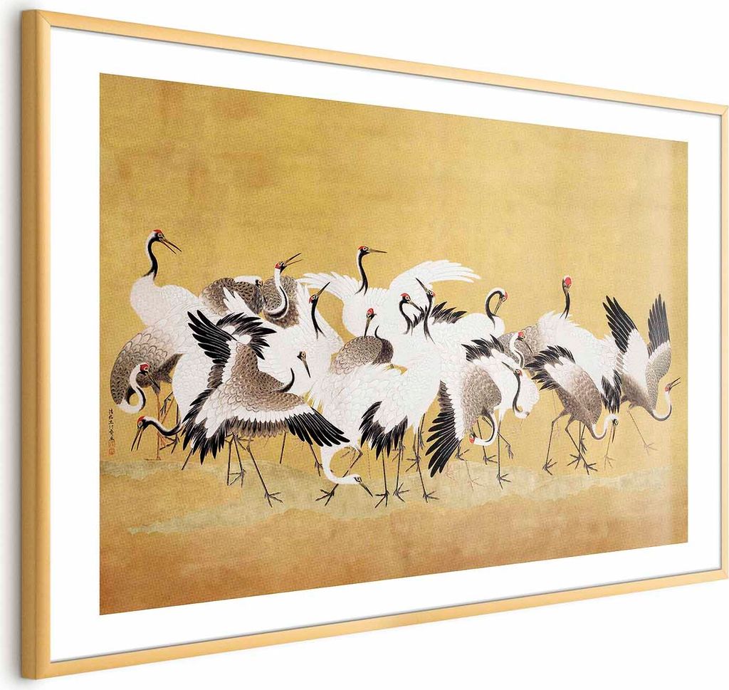 Posterpapier Poster - Japanese Cranes - a flock of birds against a golden background based on the painting of Ishida Yūtei 30x21 cm Tiere b-G-1001...