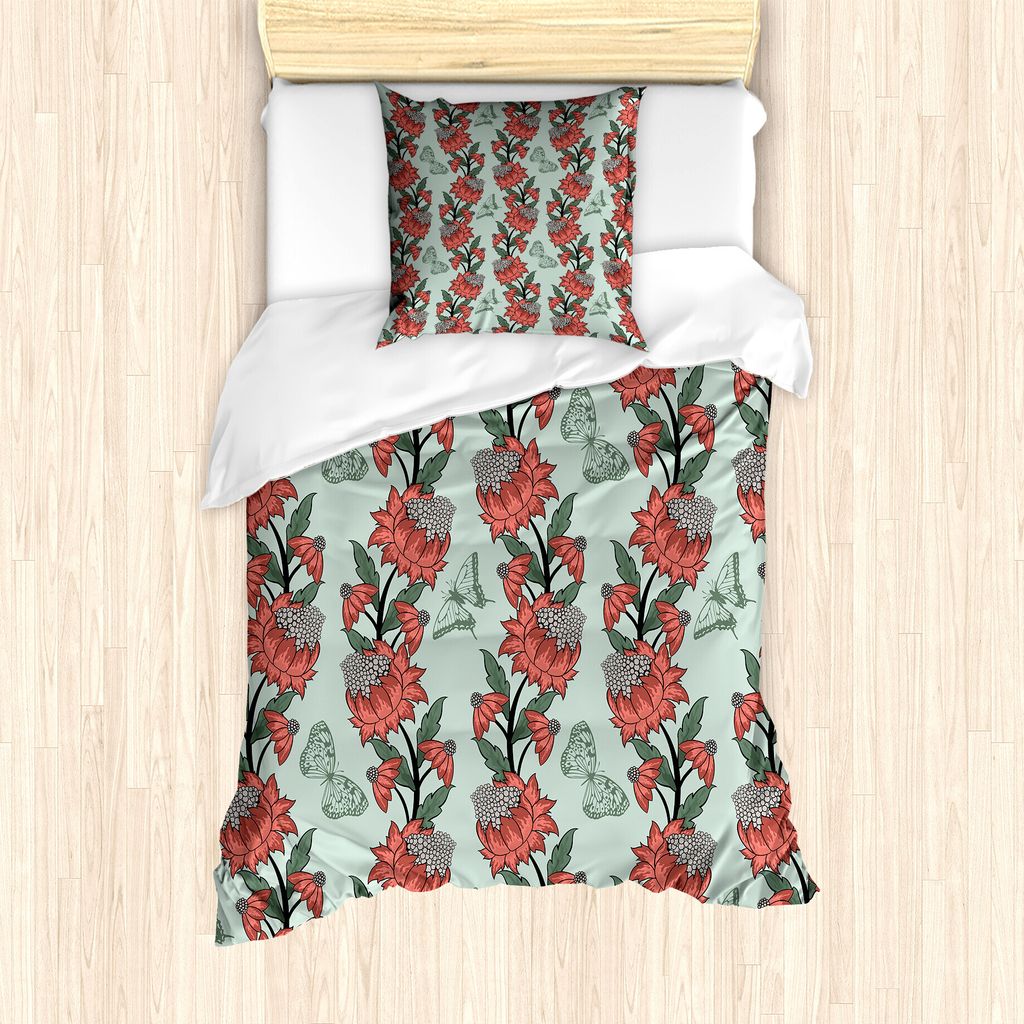 ABAKUHAUS Blumen Bettbezug Set für Einzelbetten, Blumen-Schmetterlings-Silhouetten, Milbensicher Allergiker geeignet mit Kissenbezug, 135 cm x 200...