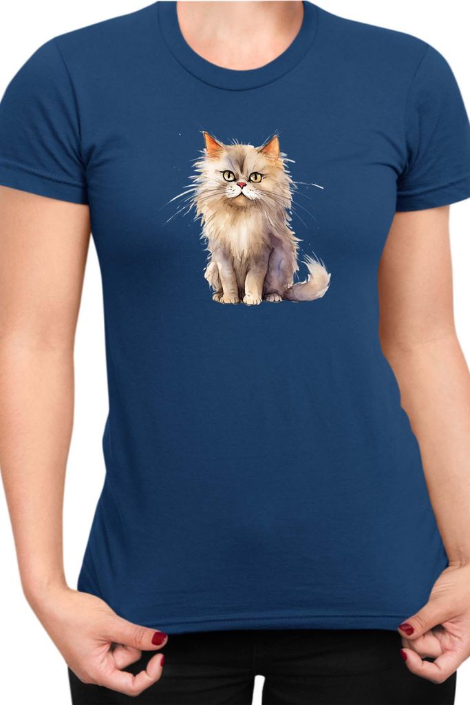 Damen T-Shirt Funny Cats Breeds British Longhair Cat 016, Lady L / Dunkelblau