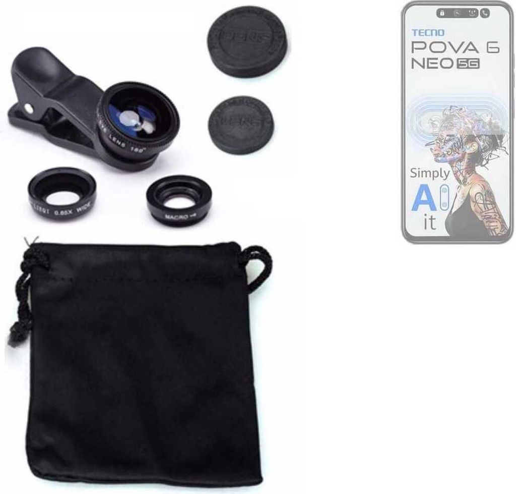 K-S-Trade Smartphone Kamera Linsen Set Kompatibel mit Tecno Pova 6 Neo 5G 3in1 Clip-On Kamera Adapter Macro Weitwinkel FishEye Fischauge Objektiv