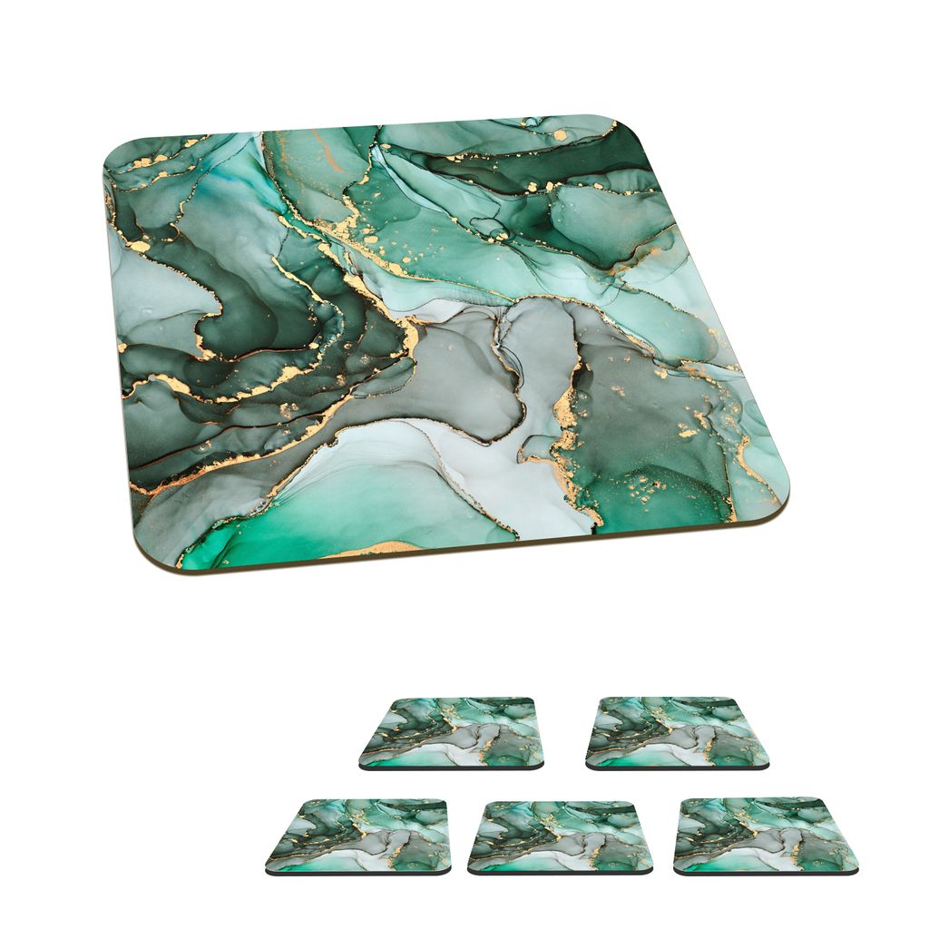 KitchenYeah Glasuntersetzer Quadratisch 6er Set Gold - Marmor - Grün - Luxus - Marmoroptik - Grau 10x10 cm Untersetzer für Gläser - Getränke...