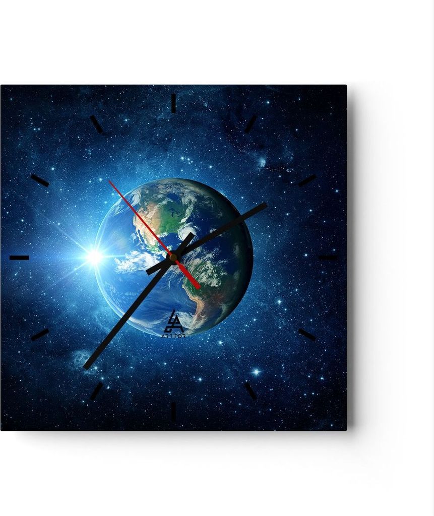 Wanduhr - Quadrat - Glasuhr - Erde Universum Sterne Galaxie - 40x40cm - Schleichendes Uhrwerk - Lautlos - zum Aufhängen bereit - Dekoration Modern...