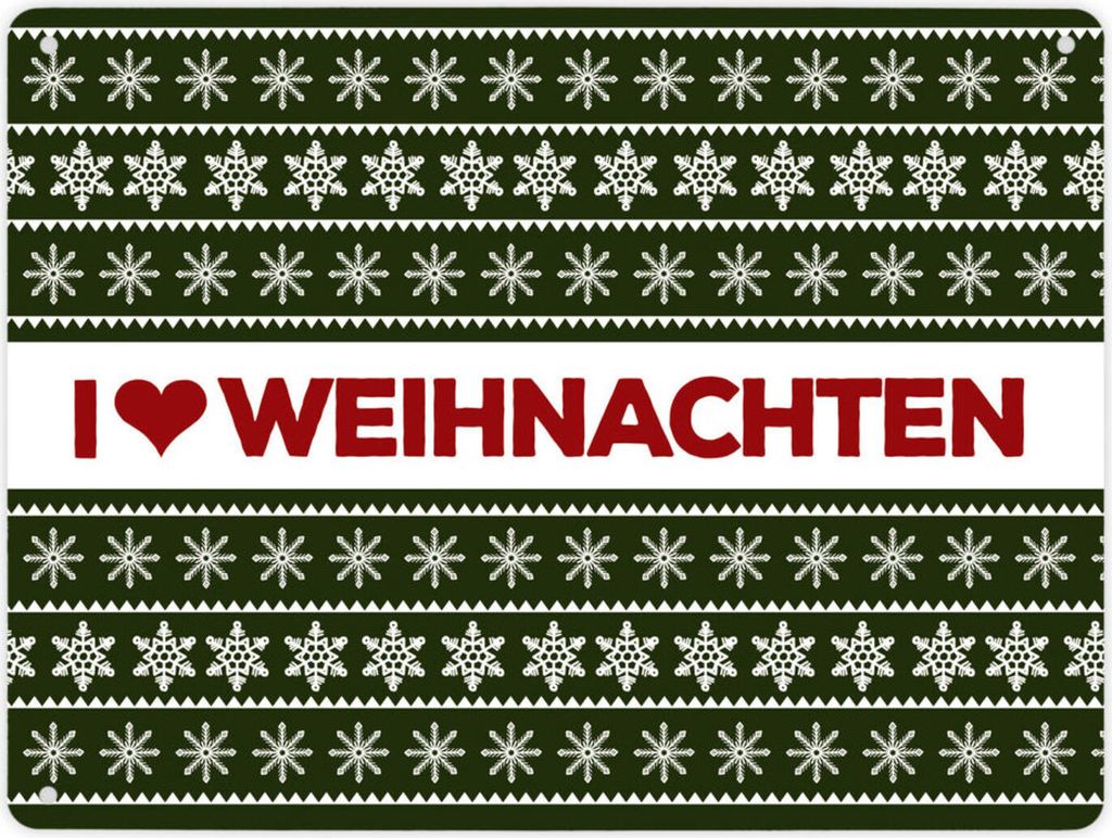 I love Weihnachten Metallschild XL in grün mit Weihnachtsmuster Motiv Schild