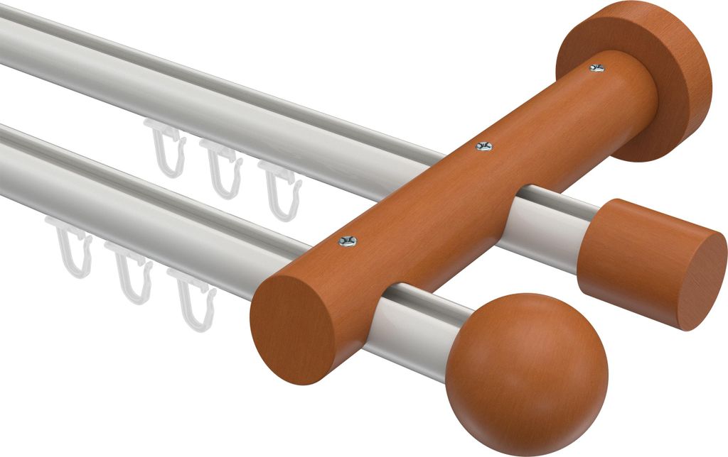 Interdeco Innenlaufstange / Gardinenstange mit Innenlauf Weiß / Kirschbaum lackiert, Typ Talent Luina (Kugel), 20 mm Ø 2-läufig, 520 cm