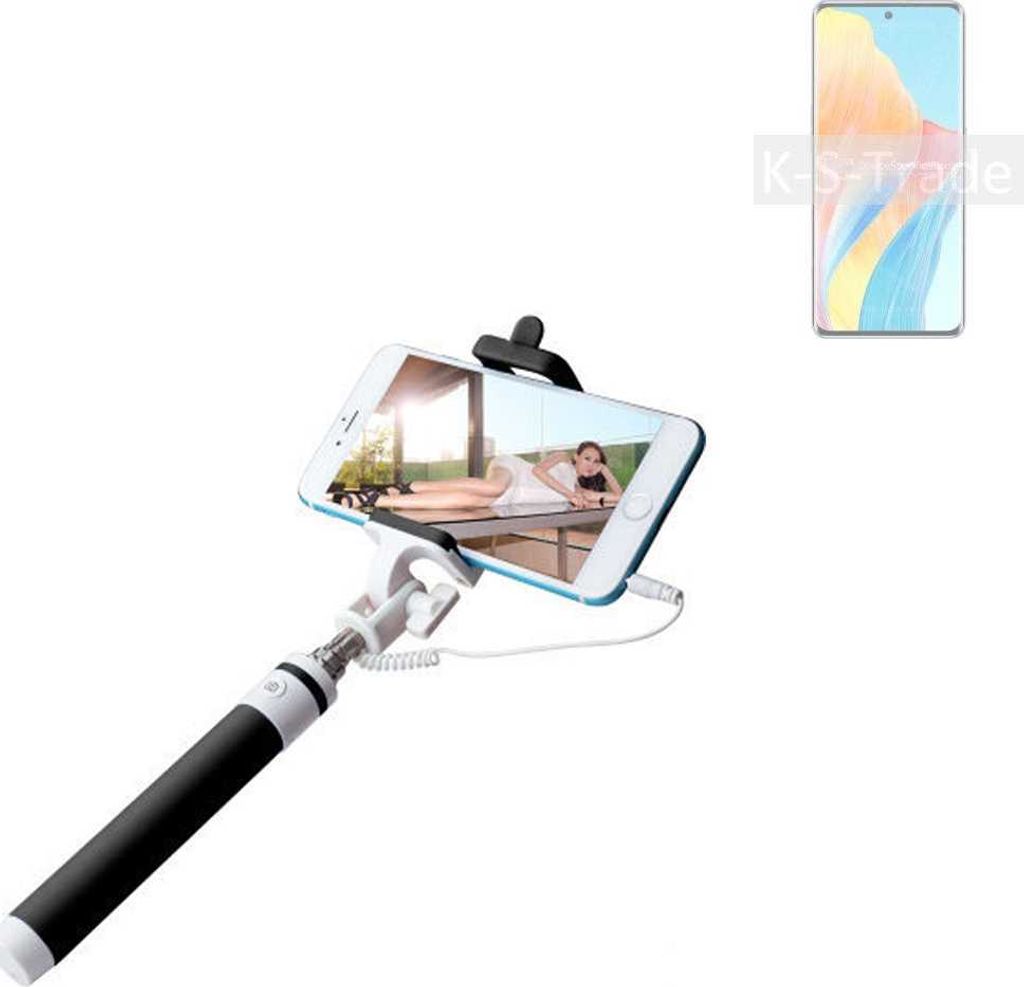 K-S-Trade Selfie Stick kompatibel mit Oppo Reno 8T 5G Selfiestick kabelgebunden Monopod mit Kabel Stab Stange Selfportrait Handheldstick schwarz 1x